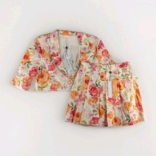 For Love Lemons Floral Blazer Skirt Set S Yellow Pink Raw Hem NWT