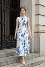 NWT Calvin Klein Blue White Floral Smocked Midi Dress Size 6
