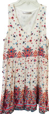 Zara Trafaluc Dress  White Floral Print V-Neck Fit Flare Twirly Skirt Large