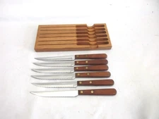 Vintage Kutmaster Stainless Steel Steak Knives Set Of 6 In Oak Wood Holder