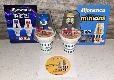 Jijonenca Spanish Ice Cream PEZ Dispensers Sonic the Hedgehog & Minion w/ Cups - Image 1 of 3