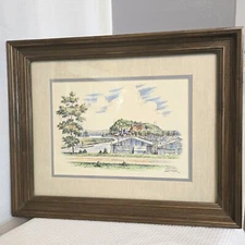 Ink Watercolor Framed Art Print Textured Matte Farm Scene Bridge Signed Needer