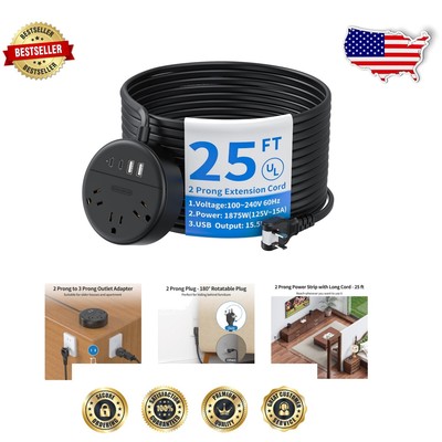 Versatile 2 Prong to 3 Prong Power Strip - 25 ft Extension Cord with USB Ports