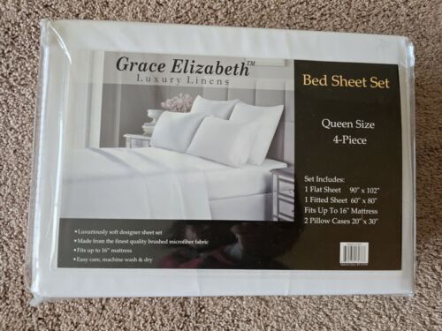 Grace Elizabeth Queen Sheet Set White 4 Piece 1 Flat, 1 Fitted & 2 Cases NEW