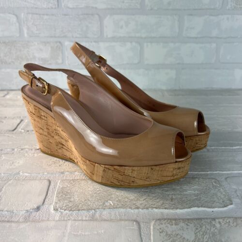 Stuart Weitzman Wedge Heel Women 7.5 W Slingback Sandal Nude Patent Leather Cork