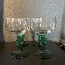 Margarita Glasses Cactus Stemmed Emerald Green Clear Libbey  Set of 4 12 oz 6"