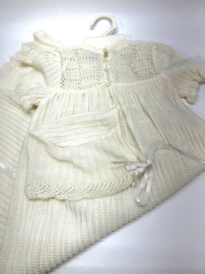 Vintage Neiman Marcus Newborn Baby Christening Baptism Dress & Cap Knit Acrylic - Image 2 of 4