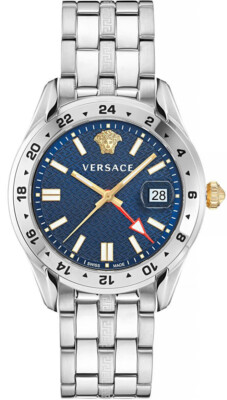 Versace VE7C00523 Greca Time GMT blau silber Edelstahl Herren Uhr NEU
