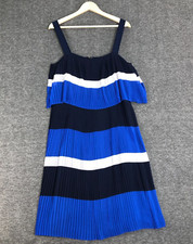 Michael Kors Dress 14 Blue Black Stripe Sleeveless Midi Pleated Lined Straps
