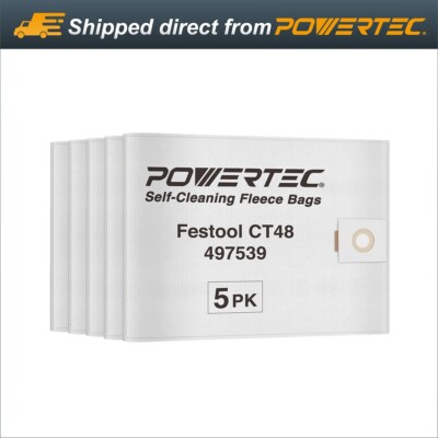 POWERTEC 75055 Fleece Filter Bags for Festool 497539 Fits CT 48, 5PK
