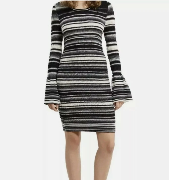 Opening Ceremony Sweater Dress Black Cream Stripe Bell Sleeve Wool Blend XS