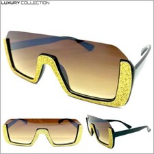 EXAGGERATED Modern Retro Shield Style SUN GLASSES Funky Black Frame Gold Glitter