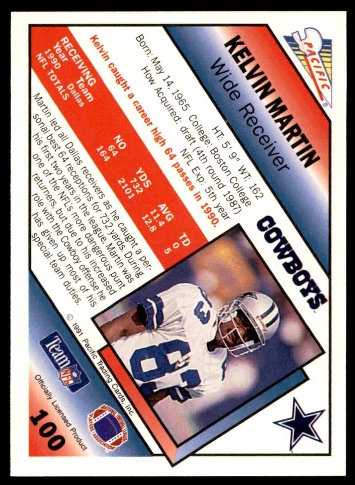 1991 Pacific. Kelvin Martin Dallas Cowboys #100 - Image 2 of 2