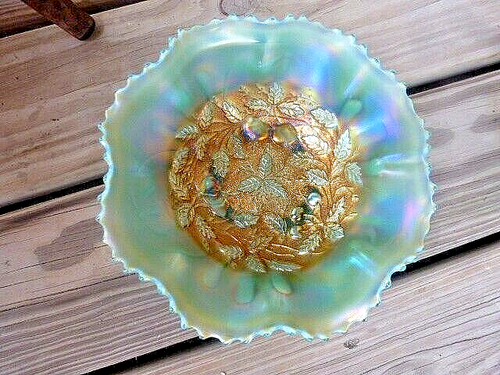NORTHWOOD PASTEL AQUA OPALESCENT STIPPLED THREE FRUITS MEDALLION 9" FTD. BOWL - Picture 4 of 8