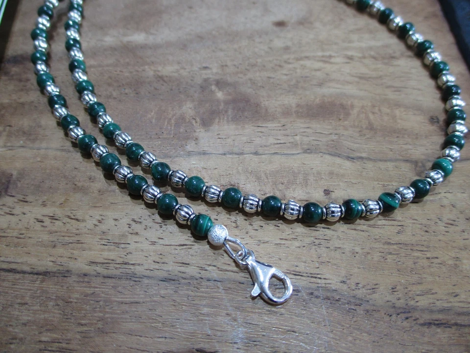 collana pietra dura malachite verde argento sterling 925 Seminole - Immagine 2 di 4