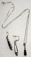 Vintage STERLING Silver Black Onyx Art Deco style Pendant Necklace/Earrings Set
