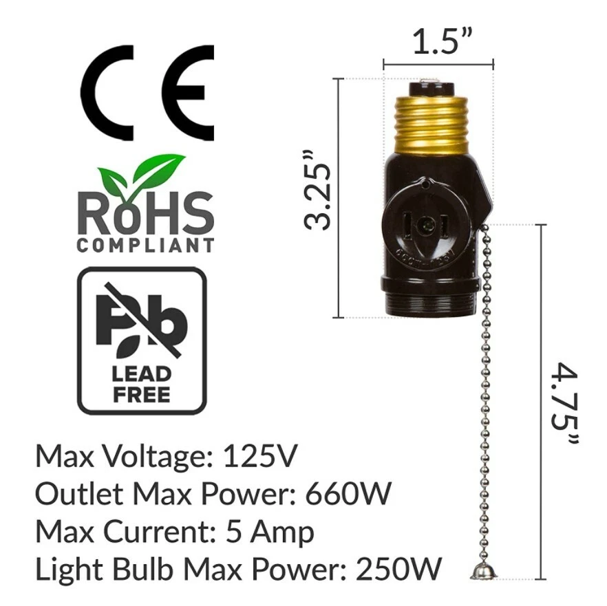 Light Bulb Socket To Plug Adapter With Switch Base, 2 AC Outlet, E26 LED Black - Image 3 of 4