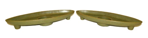 Pair MCM Atomic McCoy Floraline Matte Green Pottery Candleholder Centerpieces