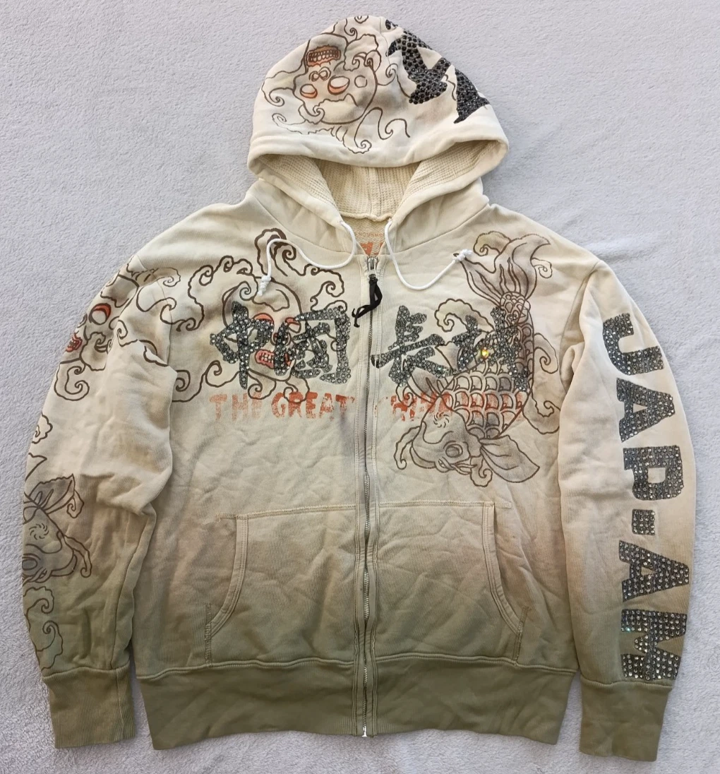 The Great China Wall JAP-AM mens Y2K Swarovski Fish Hoodie Zip Sweater size M