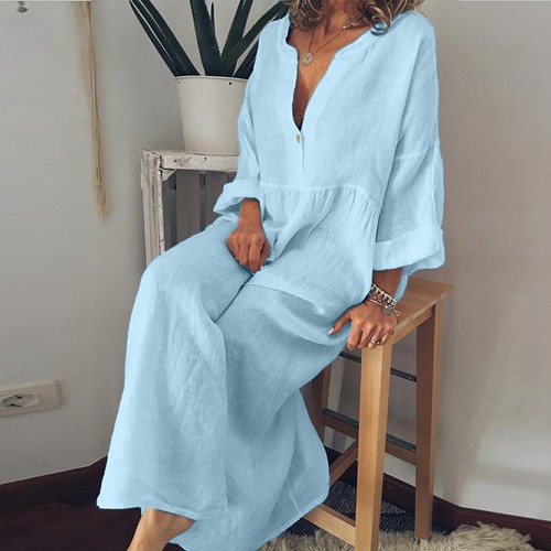 Kaftan Women Cotton Linen V Neck Baggy Solid Maxi Dress Loose Long Sleeve Gown - Picture 3 of 12