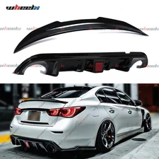 Gloss Black LED Rear Bumper Diffuser & PSM Trunk Spoiler For 14-17 Infiniti Q50