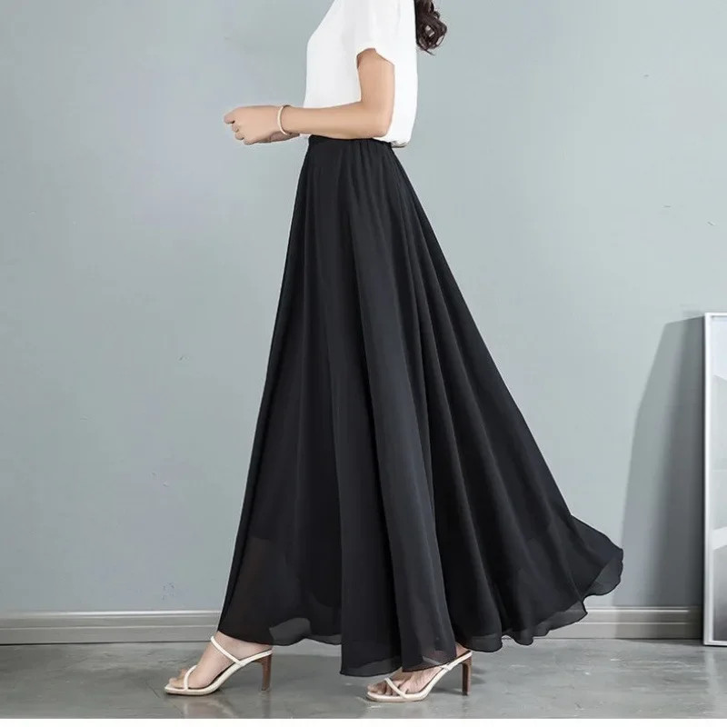 Elegant High-Waisted Slimming Chiffon Skirt New Style A- Line Long Dress Simple