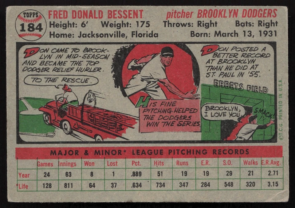 1956 Topps #184 Don Bessent - Image 2 of 2