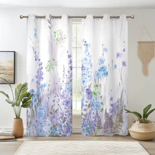 Purples Blue Floral Print Blackout Curtains, Pastel Wild Flowers Thermal Insu...