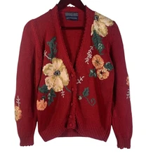 Vtg Herman Geist Hand Embroidered Floral Cardigan Sweater Red Knit Small
