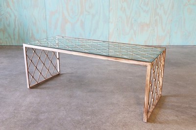 Gold Painted Metal and Glass Designer Coffee Table After Jean Royere
