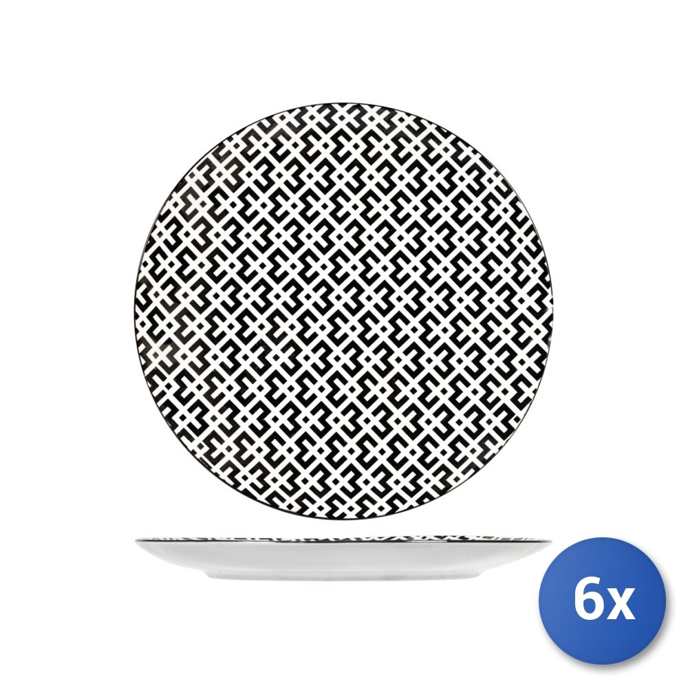 6X Dakar White And Black Porcelain Dinner Plates, 27Cm, H&H