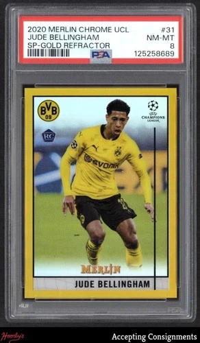2020-21 Merlin UEFA Chrome Gold Refractors Jude Bellingham RC Rookie /50 PSA 8