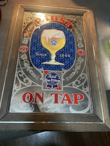 Vintage 1844 Pabst Blue Ribbon “On Tap” Beer Bar Framed Mirror Sign Goblet
