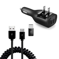 2-in-1 Car Home Charger Coiled USB Cable Micro-USB to USB-C for Smart Phones