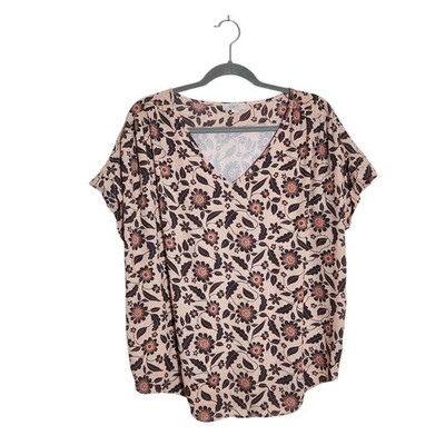 LOFT Pink and Black V-neck Floral Blouse Size XL