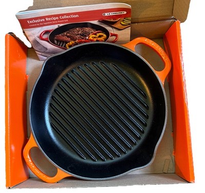 Le Creuset Enameled Cast Iron Deep Round Grill 9.75 in 25 cm Flame Orange NEW