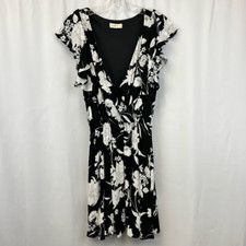 Crescent Womens A Line Dress Black Floral Cap Flutter Sleeve Rayon Surplice S