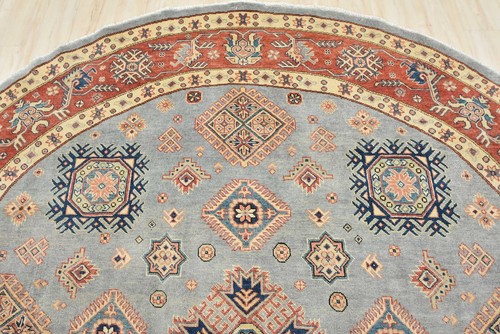 Kazak Rug 9'1'' x 9' Round Blue Wool Tribal Hand-Knotted Oriental Carpet - Picture 7 of 15