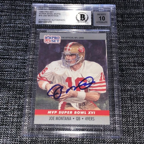 JOE MONTANA SIGNED AUTOGRAPH 1990 PRO SET #16 SAN FRANCISCO 49ERS BECKETT 10 BAS