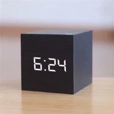 Square Digital LED Alarm Clock Wood Retro Glow Clock Desktop Table Decor Voice C
