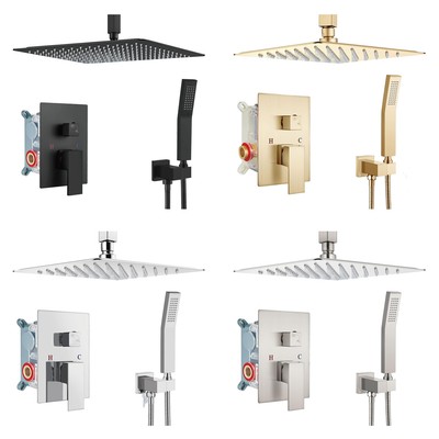Shower Faucet Set Complete System Rain Head Combo with Mixer Valve Ceiling Mount