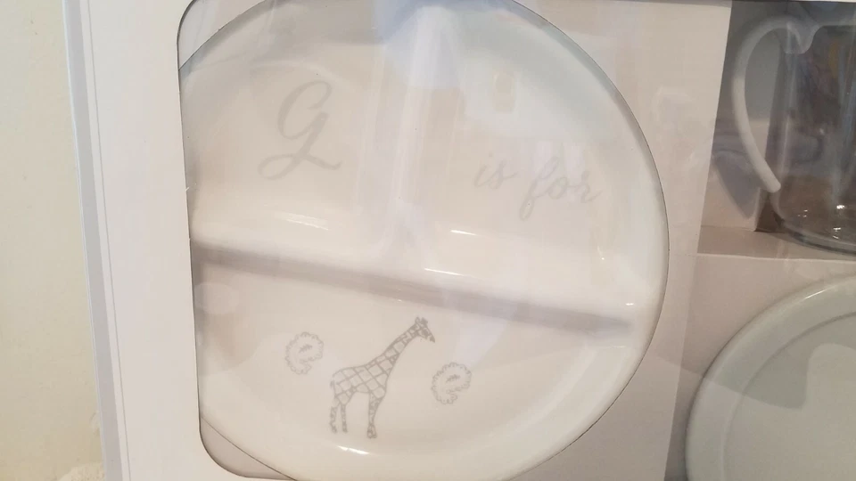 Nuevo Juego de Alimentación Infantil Pottery Barn Bebé Jirafa Gris y Blanco - Plato Taza Cuenco Foto 4 de 4