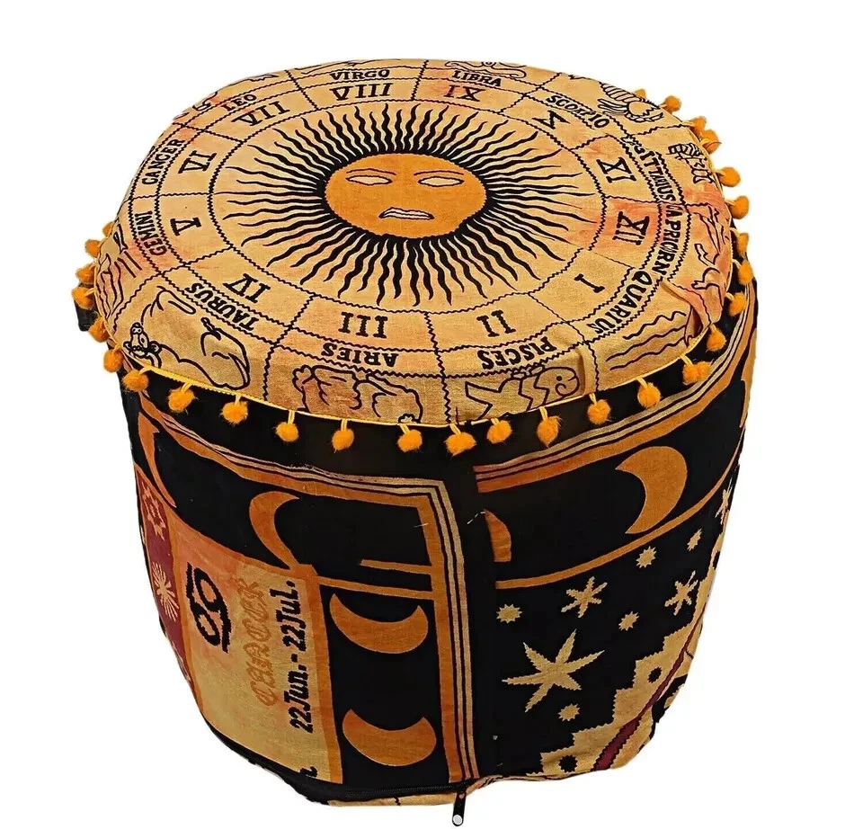 Hecho a mano Arte Sol Ardiente Redondo 22" Puf Cubierta Vintage Algodón Reposapiés Otomano Foto 3 de 3