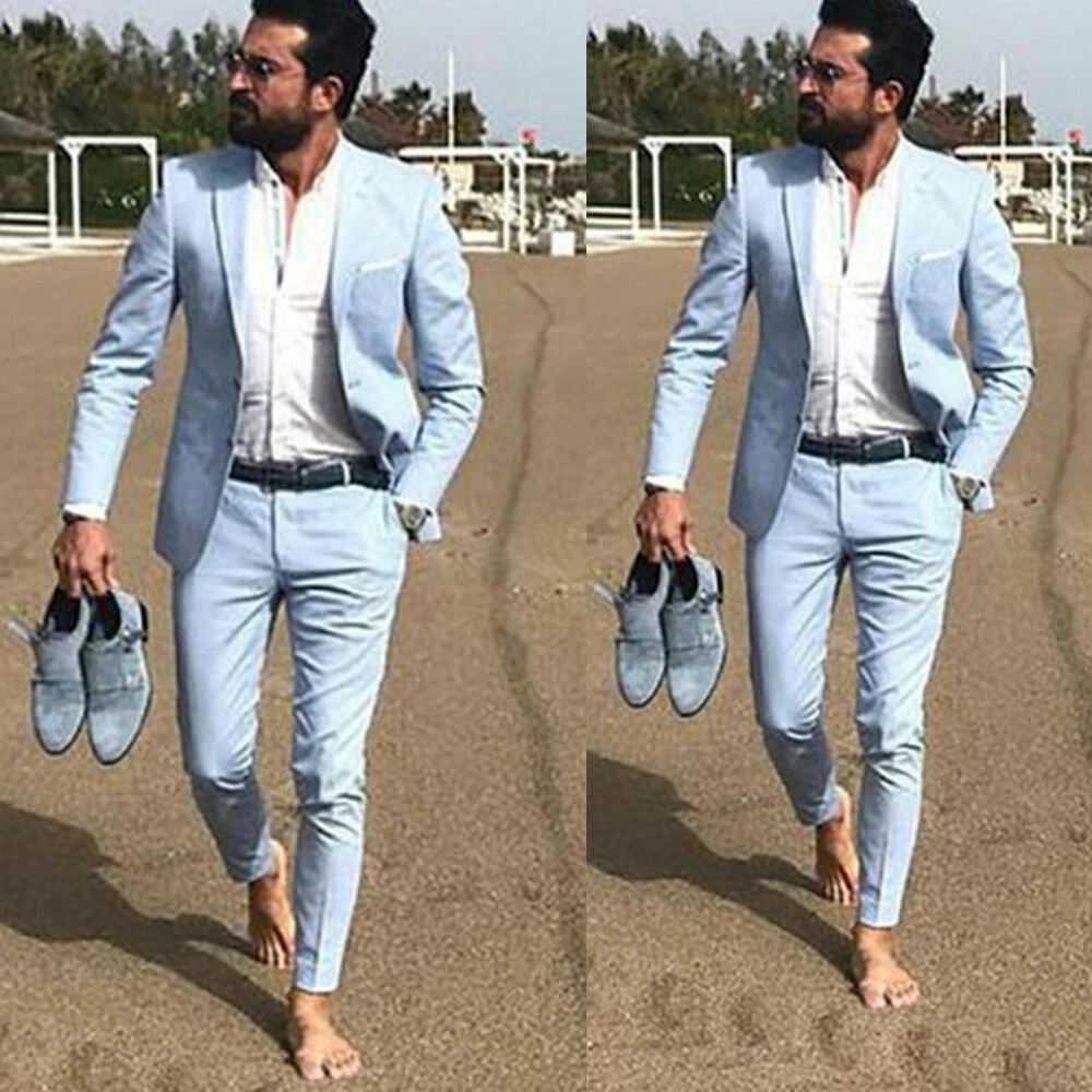 Summer Blue Linen Men Suits 2PCS Groom Wedding Tuxedo Casual Prom Party  Blazer | eBay