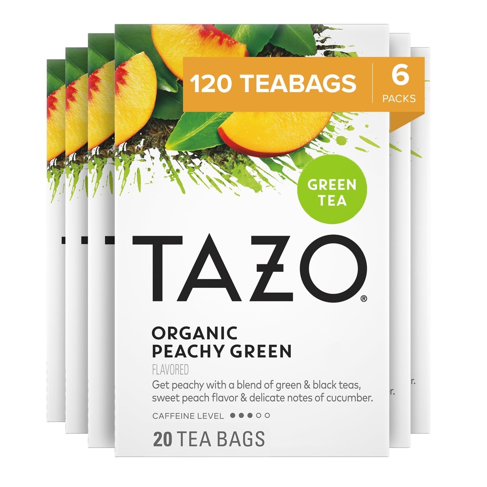 TAZO Organic Peachy Green Tea Bags Pack of 6 Refreshing Peach Spearmint 20 Count