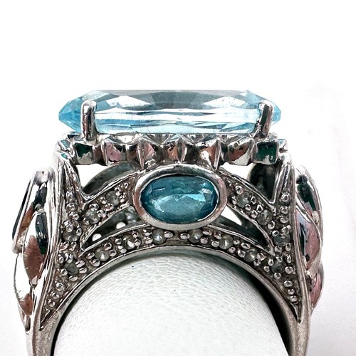 925 Sterling Silver Blue Topaz Large Cocktail Ring Statement - Picture 7 of 13