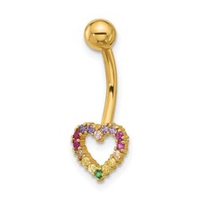 14k Gold 14 Gauge Polished Rainbow CZ Heart Belly / Navel Ring