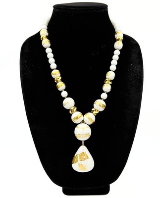 Vintage William De Lillo Ceramic White Gold Foil Teardrop Beaded Necklace 