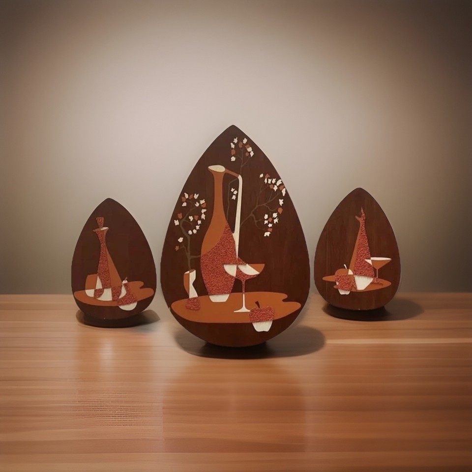 An actual set of three 1960s popcorn gravel wall plaques — the real deal, not a reproduction — the textured gravel-on-wood craft art that defined atomic-age living rooms.