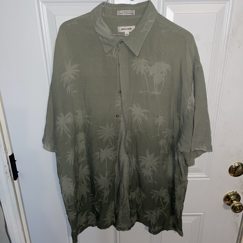 Pierre Cardin Hawaiian Shirt Mens 2XL Green Palm Tree Short Sleeve Button Up